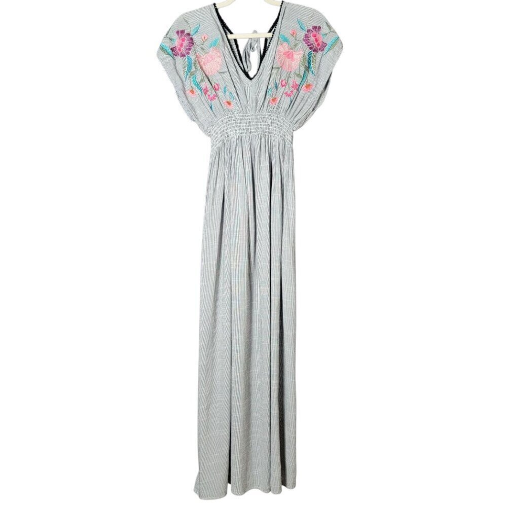 See And Be Seen Boho Floral Embroidered Striped Maxi Smocked V-Neck Dress Small